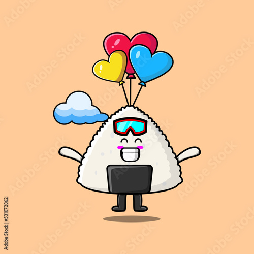 Cute cartoon Rice japanese sushi mascot is skydiving with balloon and happy gesture