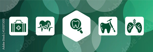 body parts filled icon set isolated on abstract background. glyph icons such as first aid kit bag, heart frequency, tooth zoom, tooth with a dentist tool, lungs with the trachea vector. can be used