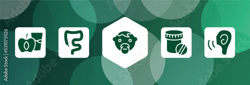 medicine and health filled icon set isolated on abstract background. glyph icons such as diet for health, large intestine, baby face, dentist drugs container, ear increase audio vector. can be used