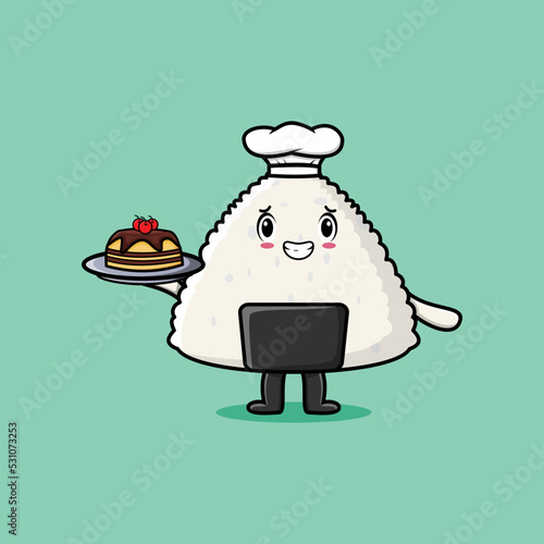 Cute Cartoon chef rice japanese sushi character serving cake on tray cute style design in flat cartoon style concept