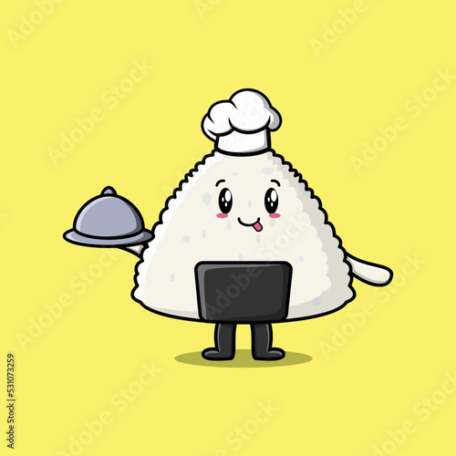 Cute Cartoon chef rice japanese sushi mascot character serving food on tray cute style design
