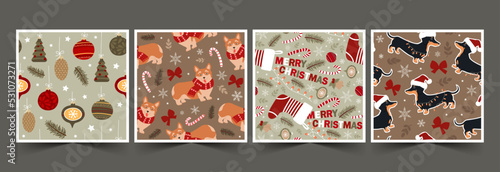 Set of seamless vector patterns for Christmas or New Year with cute drawn dogs. Modern flat illustrations for wrapping paper, fabrics.