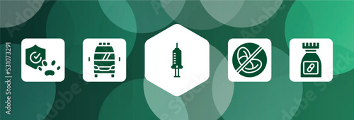 medicine filled icon set isolated on abstract background. glyph icons such as pet insurance, frontal ambulance, hospital syringe, prohibition, medicine pills container vector. can be used for web