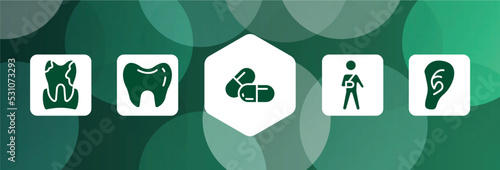 body parts filled icon set isolated on abstract background. glyph icons such as plaque, teeth black shape, large pill, wounded man, ear lobe side view vector. can be used for web and mobile.