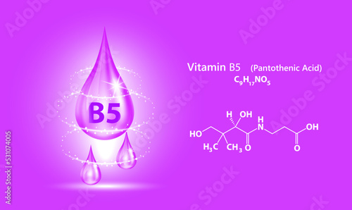 Icon structure vitamin B5 drop water collagen purple pea flowers. 3D Vector. Medical and scientific. Beauty treatment nutrition skin care design. Solution complex with Chemical formula nature.