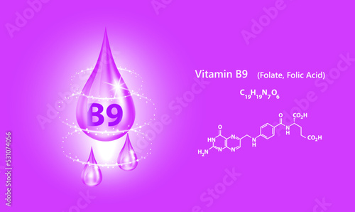Icon structure vitamin B9 drop water collagen purple pea flowers. 3D Vector. Medical and scientific. Beauty treatment nutrition skin care design. Solution complex with Chemical formula nature.