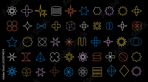 Different Brutalism outline shapes, minimalist geometric bauhaus elements, abstract forms. Star, cross, flower shape, basic form, trendy modern design element vector set