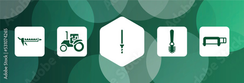 tools and hinery filled icon set isolated on abstract background. glyph icons such as sealant, farm tractor, knife file, toilet brush, hacksaw with handle vector. can be used for web and mobile.