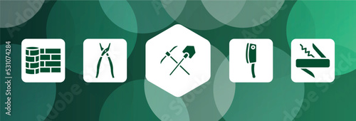 construction elements filled icon set isolated on abstract background. glyph icons such as linoleum, open pliers, mine, cleaver, jackknife vector. can be used for web and mobile.