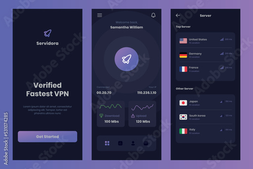 Super vpn ui design template vector. Layout app mobile developer. Suitable for designing mobile android and ios