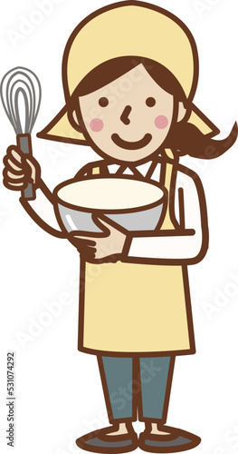 泡立て器とボウルを持つ笑顔のエプロン姿の女性。