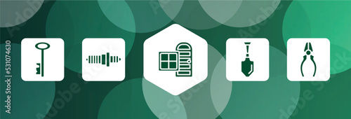 toolbox filled icon set isolated on abstract background. glyph icons such as antique key, spark plug, door and window, gardening palette, repair pliers vector. can be used for web and mobile.