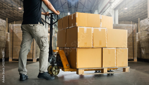 Workers Unloading Packaging Boxes on Pallets in Warehouse. Cartons Cardboard Boxes. Shipping Warehouse. Delivery. Shipment Goods. Supply Chain. Distribution Supplies Warehouse Logistics  photo