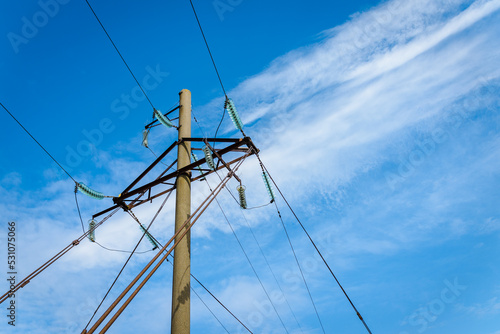 Wallpaper Mural Vintage pole.Power poles and power lines.Electrical net of poles on a blue sky and clouds.Summer bright sunny day. Torontodigital.ca
