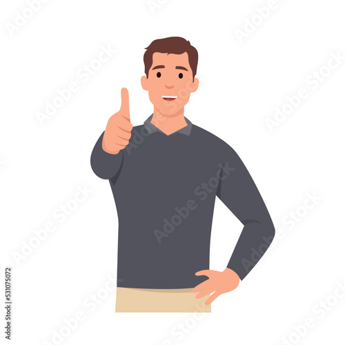 Young man shows thumb up. Gesture cool. Flat vector illustration isolated on white background