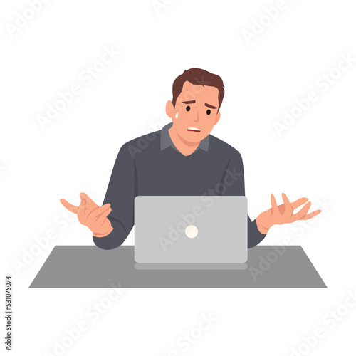 Young man confused businessman sitting on the chair and watching bad sales performance data on his laptop. Flat vector illustration isolated on white background