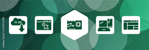 computer and media filled icon set isolated on abstract background. glyph icons such as 10 gb download, window with arrows, printed circuit, tablet and laptop, window with sections vector. can be