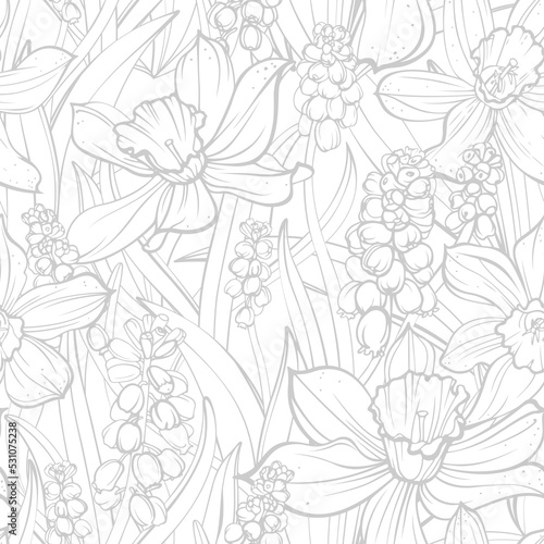 Seamless pattern with Muscari and Daffodil. Spring flowers, isolated on white background. Hand-drawn illustrations.