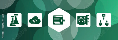 computer filled icon set isolated on abstract background. glyph icons such as flasks, cloud coding, code injection, vga card, local network vector. can be used for web and mobile.