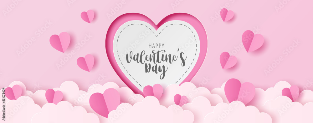 Paper cut of Happy Valentine's Day text on white heart with origami paper heart shape on pastel color background for greeting card, banner, poster, headers website.