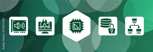 computer functions filled icon set isolated on abstract background. glyph icons such as sound card, data loss, processor, data encryption, computer networks vector. can be used for web and mobile.