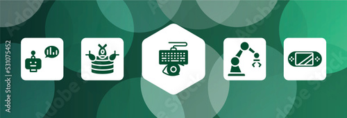 hardware filled icon set isolated on abstract background. glyph icons such as prediction, ddos, keylogger, mechanical arm, handheld console vector. can be used for web and mobile.