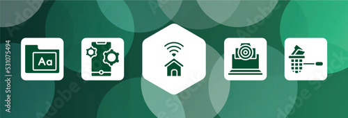 cyber crimes filled icon set isolated on abstract background. glyph icons such as fonts, feature, smarthome, cam, stealing data vector. can be used for web and mobile.