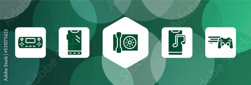 smart devices filled icon set isolated on abstract background. glyph icons such as handheld game console, phone with three buttons, wall phone, phone music, video game console ps4 vector. can be