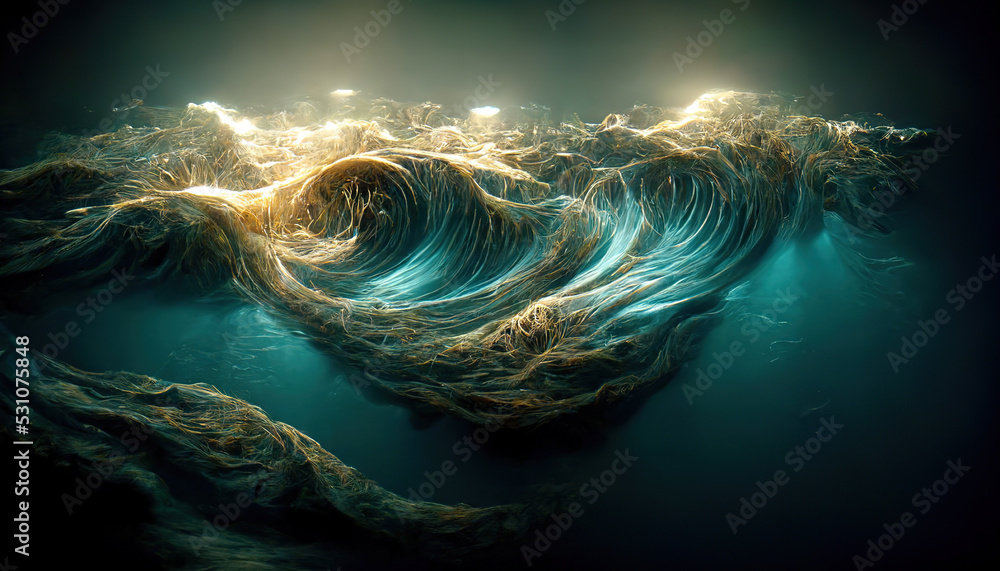 Spectacular abstract of silk is shaped like underwater wave, and light from above shines through the edges to make them glow. Digital art 3D illustration. - obrazy, fototapety, plakaty 