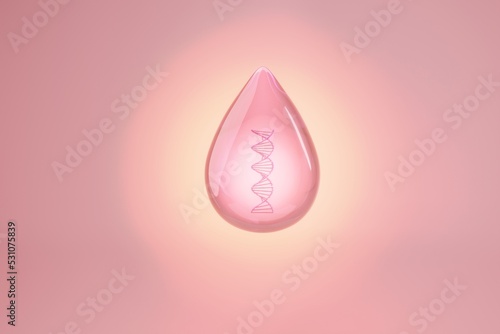 Drop of Pink collagen serum with DNA helix on pink background. 3D illustration photo