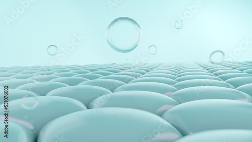 Blue skin cells and Bubble on blue sci-fi background. 3D illustration