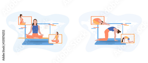 Online sport classes. Yoga and pilates lessons. Flat design vector set