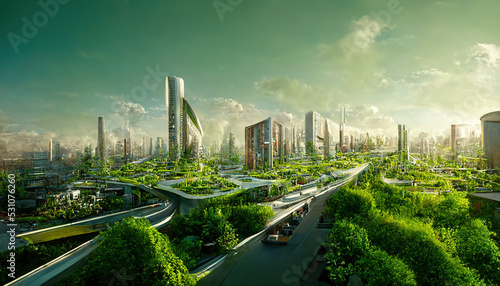 Fotografering Spectacular eco-futuristic cityscape full with greenery, skyscrapers, parks, and other manmade green spaces in urban area