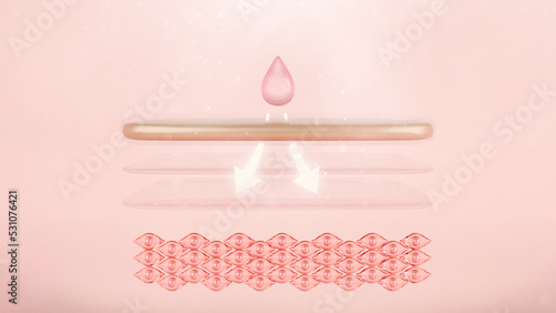 Pink serum drop through skin cell. Cosmetic and skincare product concept. 3D illustration