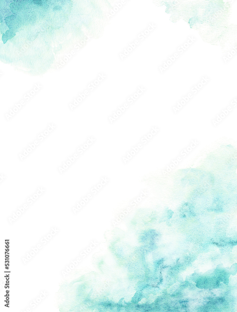 Watercolor template. Hand-drawn blue watercolor splashes on a white background. Perfect for save the date, wedding invitations, postcards, banners, logo.