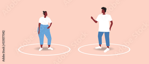- Circle line as personal boundaries in African pair, flat vector stock illustration as self-space concept