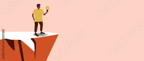 African man with light bulb in his hand on top of cliff, mountains, flat vector stock illustration or copy space pattern, concept innovation, ideas of black people