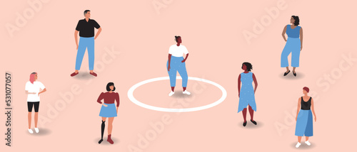 African woman introvert and crowd of people as personal boundaries, flat vector stock illustration as concept of solitude