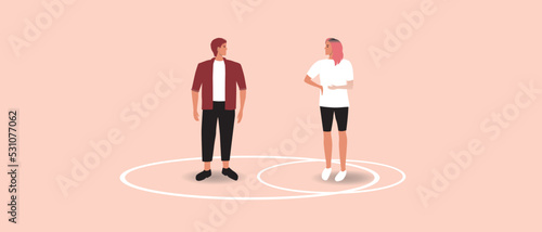 Circle line as codependent personal boundaries in couple, flat vector stock illustration, people isolated