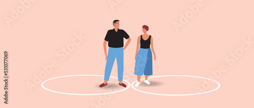 Circle line as convergence of personal boundaries in couple, flat vector stock illustration isolated, concept of attachment and trust