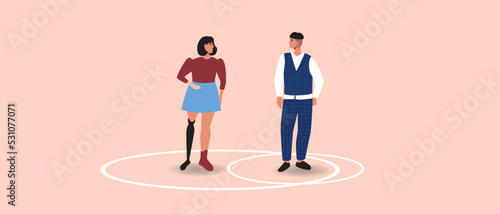 Circle line as codependent personal boundaries in couple, flat vector stock illustration isolated, codependent male and female