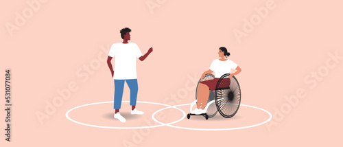Circle line as healthy personal boundaries in inclusive couple, flat vector stock illustration isolated, wheelchair accessible