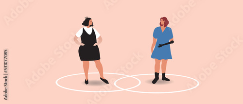 Circle line as healthy personal boundaries in inclusive pairing, flat vector stock illustration, women isolated