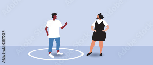 Circle line as personal boundaries in communication of multi-cultural pair of men and women, flat vector stock illustration