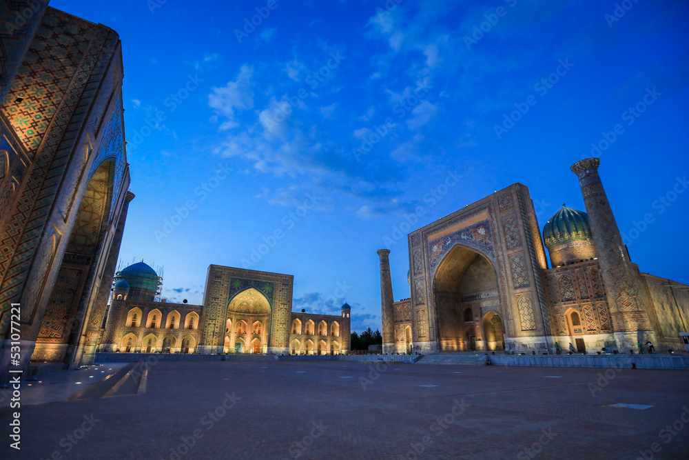 Evening Panoramic View to the Highlighted Registan square in Samarkand, Uzbekistan