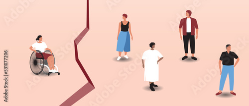 Group of people and disabled person in invaldinal wheelchair, gap between, flat vector stock illustration as concept of problem of inclusivity