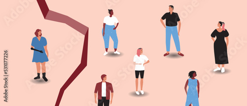 Group of people and disabled person with prosthesis on other hand, gap between, flat vector stock illustration as concept of problem of social isolation