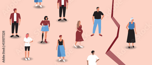 Group of people and old woman, gap between, flat vector stock illustration as concept of problem of isolation of elderly