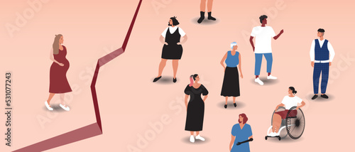 Group of people and pregnant woman, gap between, flat vector stock illustration as concept of problem of division of society