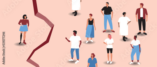 Group of people and woman with prosthetic leg as disabled person, gap between, flat vector stock illustration as concept of problem of inclusive people